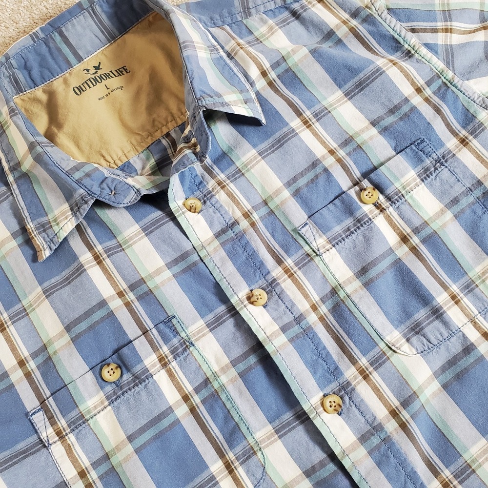 Outdoor Life Men's Shirt Size Large Blue Plaid Short Sleeve